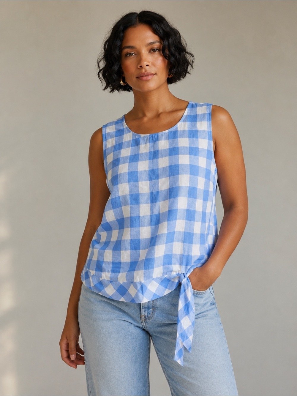J.crew Blue Gingham Tie-Hem Linen Cotton Blend Top Sz-10 Nantucket Preppy